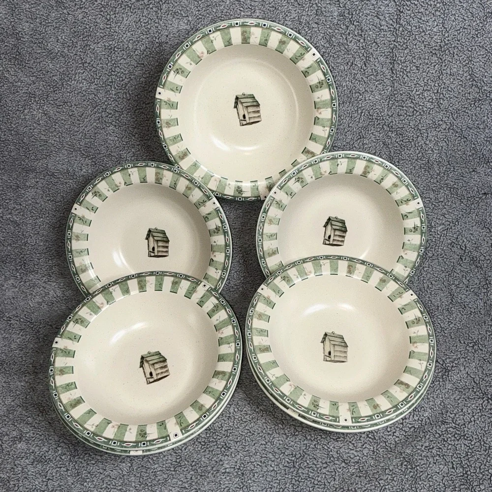 Pfaltzgraff Naturewood Set of 7 Stoneware Soup/Cereal Bowls Birdhouse‎